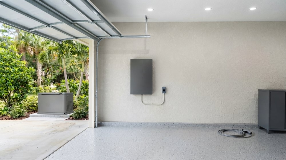 Wall-mounted home battery in a clean Florida garage, with a standby generator visible through the open garage door