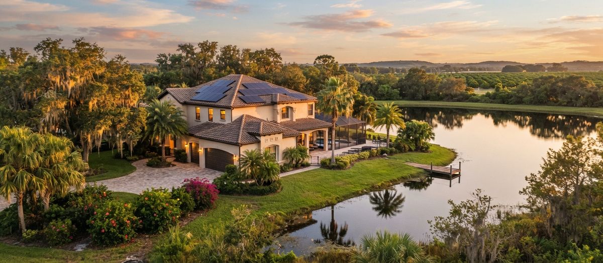 Upscale Central Florida home near a small lake at golden hour with rooftop solar panels and citrus groves in the distance
