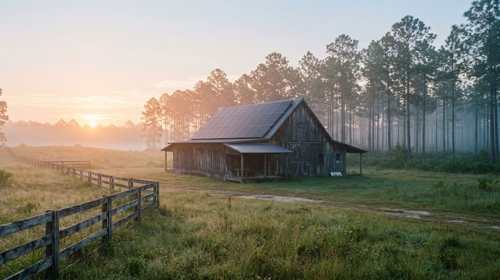 Solar panels on a weathered barn roof in a North Florida pasture at sunrise
