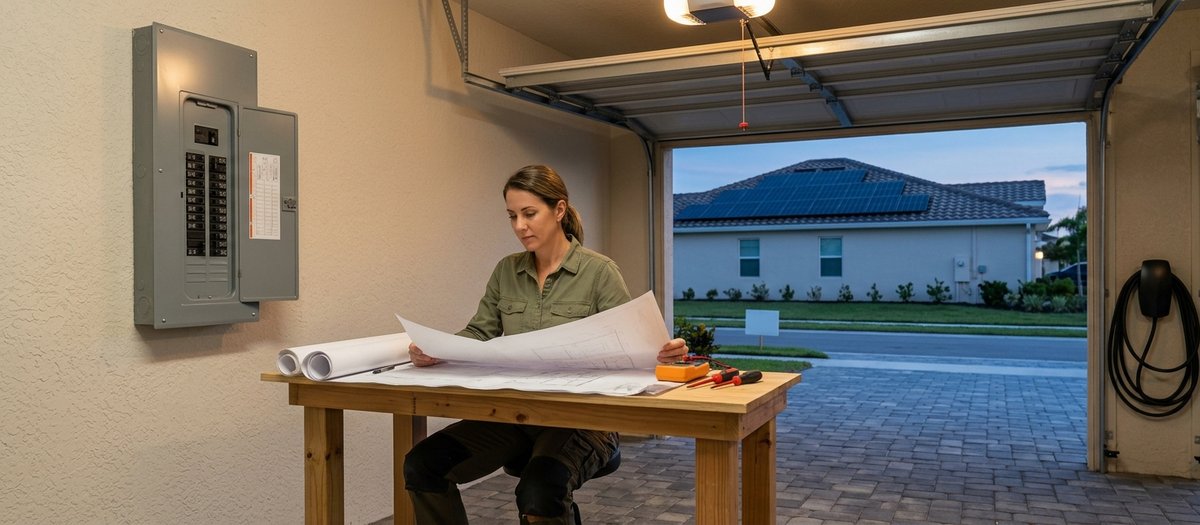 A homeowner reviewing solar installation plans at a workbench in her garage beside the home's electrical panel, with rooftop solar on a neighboring house