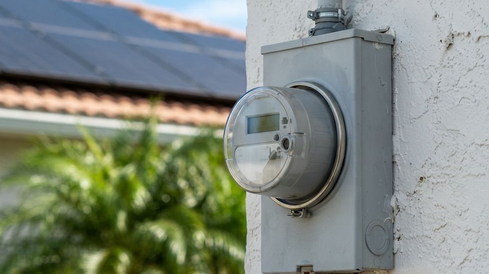 Close-up of a residential electric meter on a Florida home with solar panels in the background