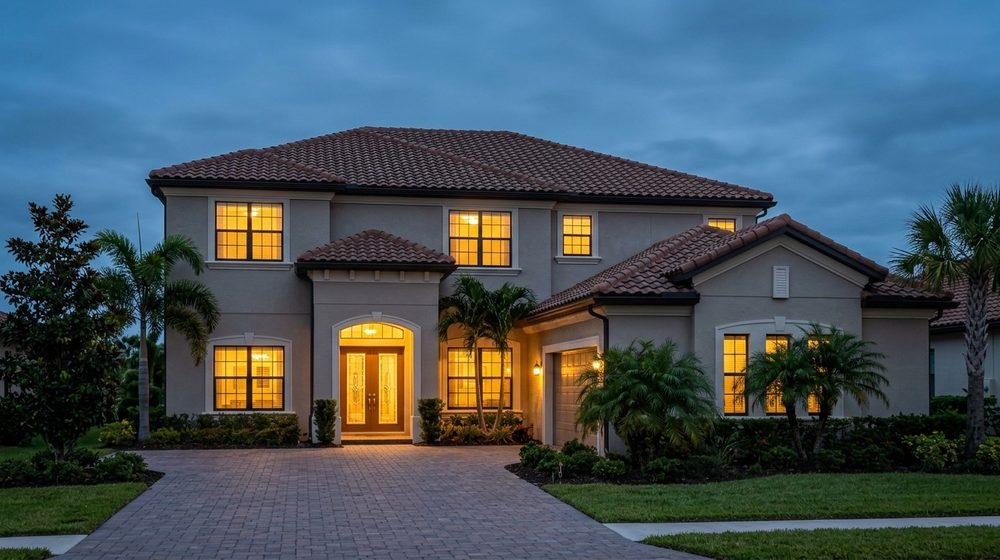An upscale two-story Florida home with a tile roof at dusk, its windows glowing warm yellow above a paver driveway lined with palms
