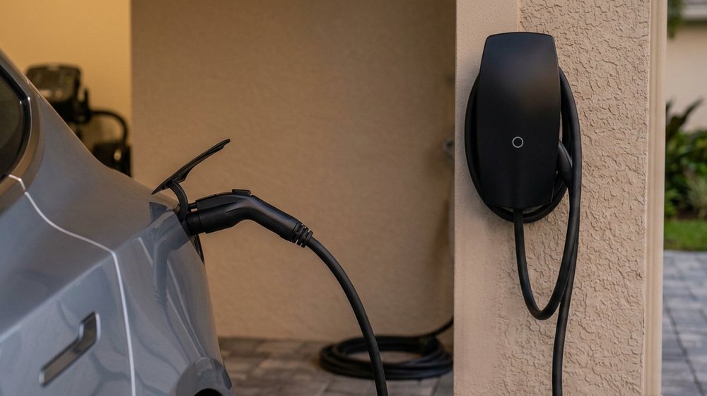 Close-up of an electric vehicle plugged into a Level 2 home charger mounted on a Florida garage wall