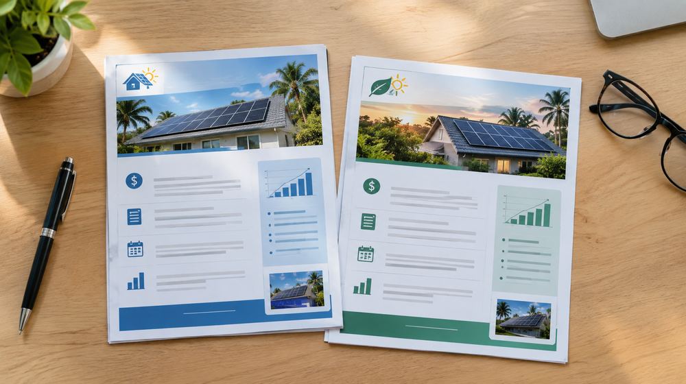 Solar loan quote and lease agreement side by side