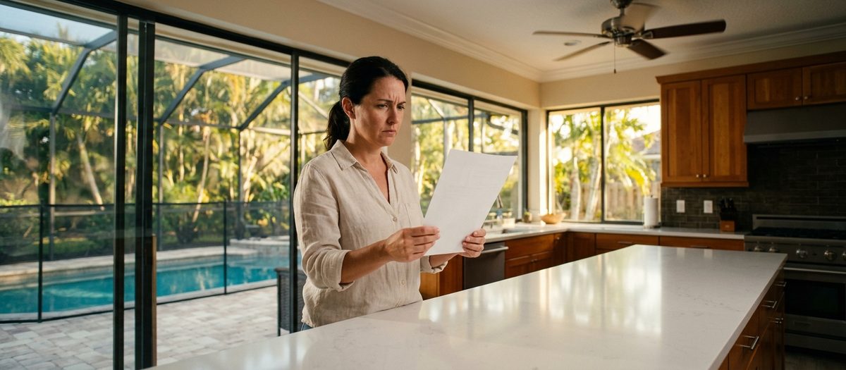 A Florida homeowner in her kitchen frowning at a paper bill, with a screened pool and palm trees outside