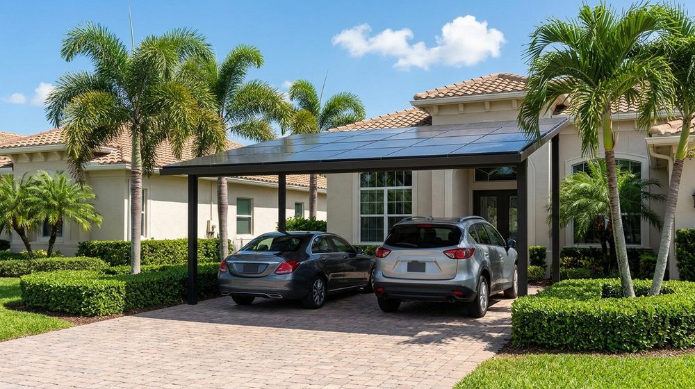 A two-car solar carport with a sleek steel frame over the paver driveway of an upscale Florida home, its panel roof shading two cars under a bright blue sky