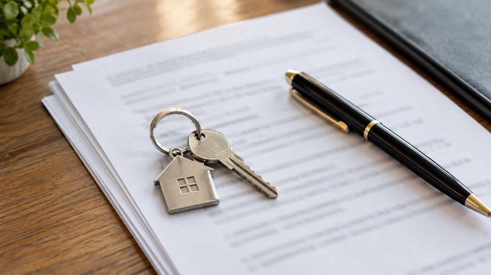 House key with a house-shaped keychain resting on closing paperwork beside a pen