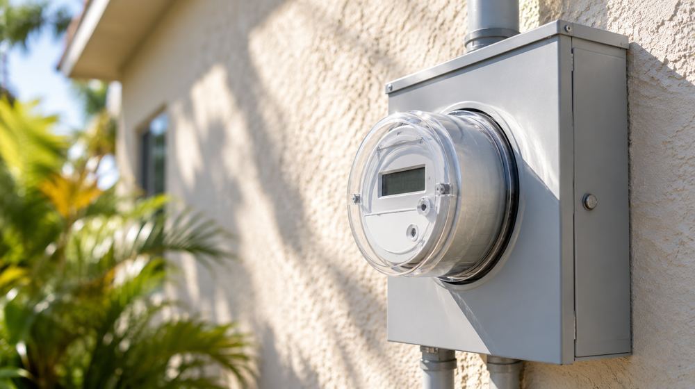 Residential electricity meter on the wall of a Florida home