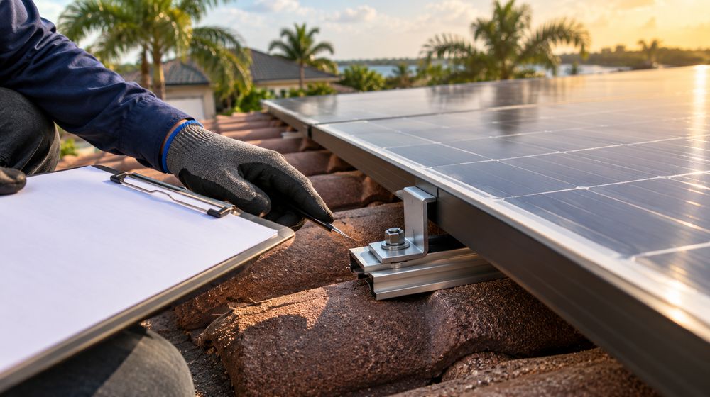 Roofer with a clipboard inspecting a solar panel mounting bracket on a tile roof