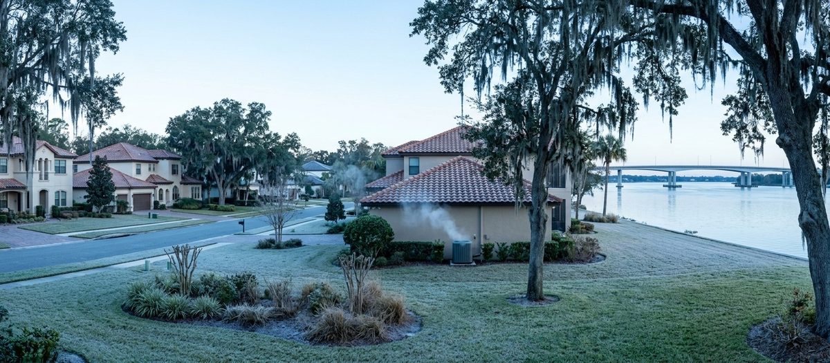 A North Florida riverfront neighborhood on a frosty winter morning, with frost on the lawns, a heat pump breathing vapor beside a home, oaks hung with Spanish moss and a long bridge over the river