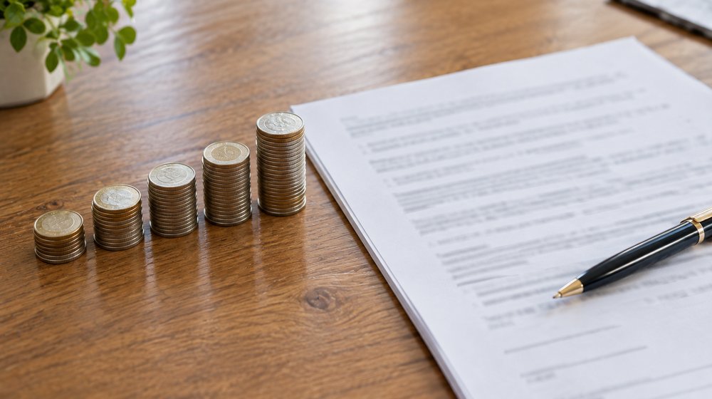 Stacks of coins growing taller from left to right beside a lease document and pen