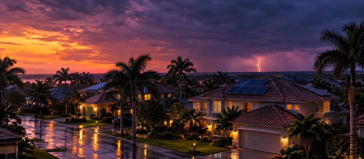 Wide dusk view of a distant thunderstorm with a lightning bolt far beyond an upscale Florida neighborhood of tile-roof homes with solar panels, palms in silhouette and wet streets reflecting the light