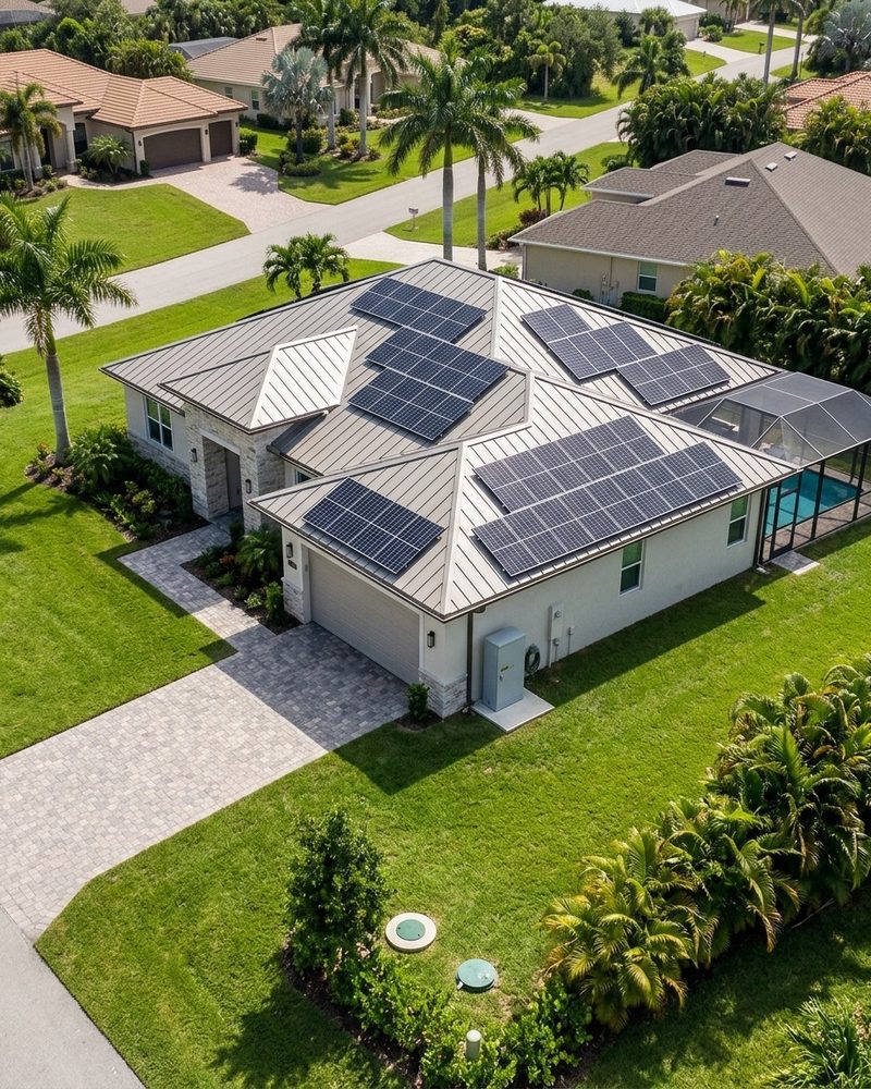 Aerial view of an upscale single-story Florida home with a standing-seam metal roof covered in solar panels, a battery cabinet beside the garage, a screened pool and a manicured lawn