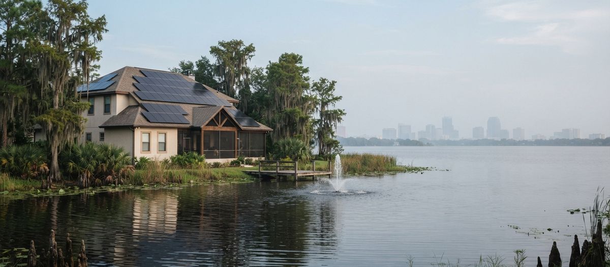 Central Florida lakefront home with rooftop solar panels and a fountain, with a city skyline in the distance