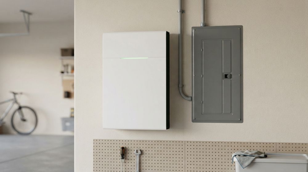 Wall-mounted home battery next to an electrical panel in a garage