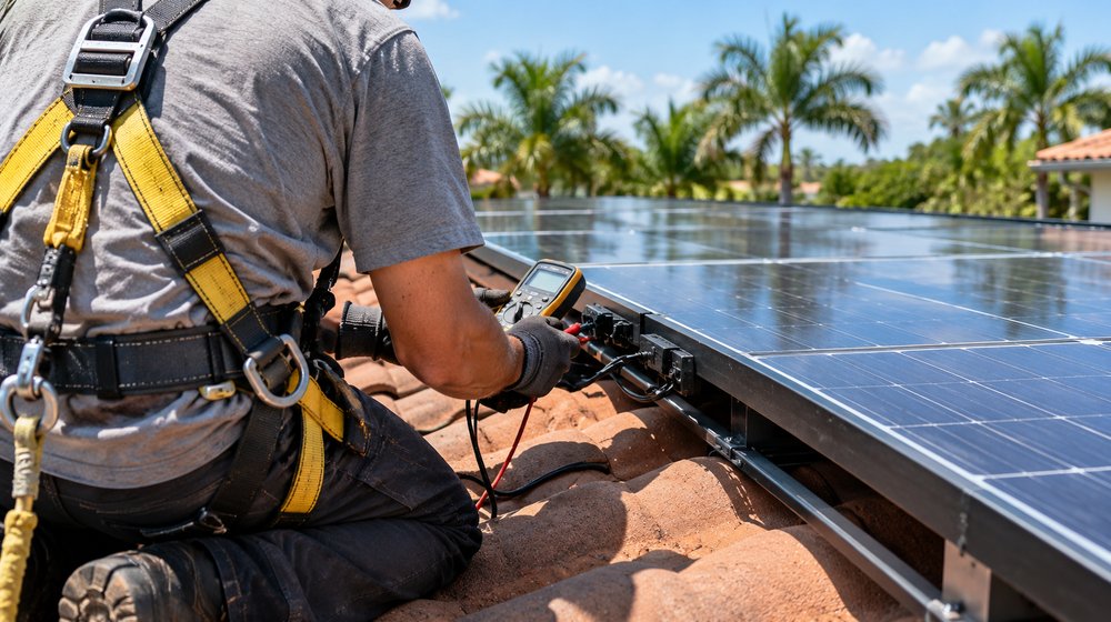 Solar technician checking a panel's wiring on a Florida tile roof