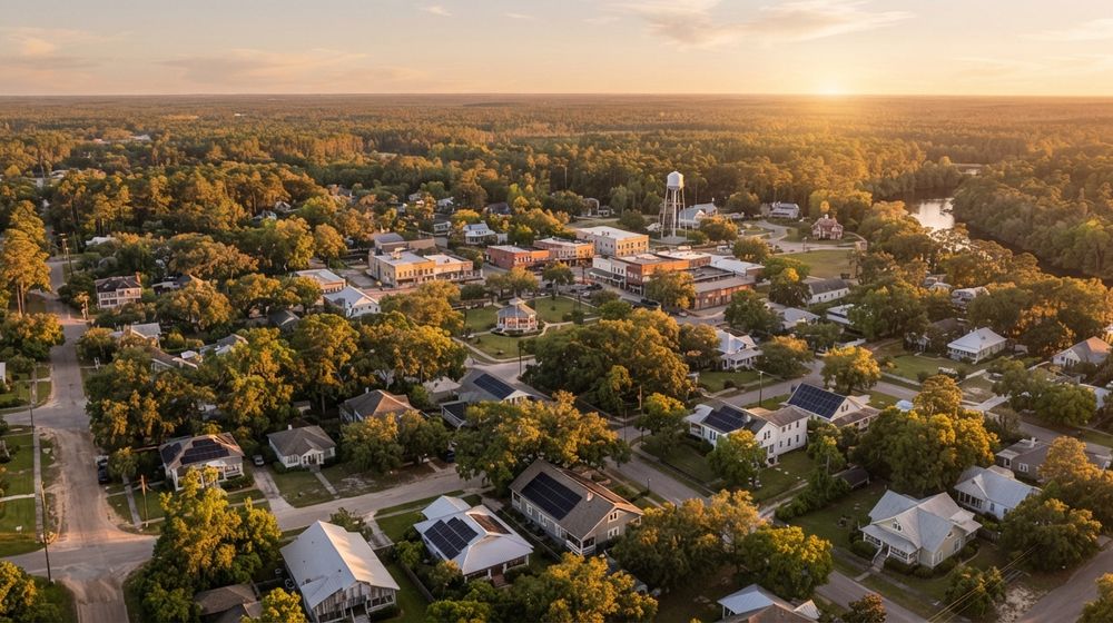Aerial view of a small Panhandle town with tree-lined streets and rooftop solar panels among tall pines