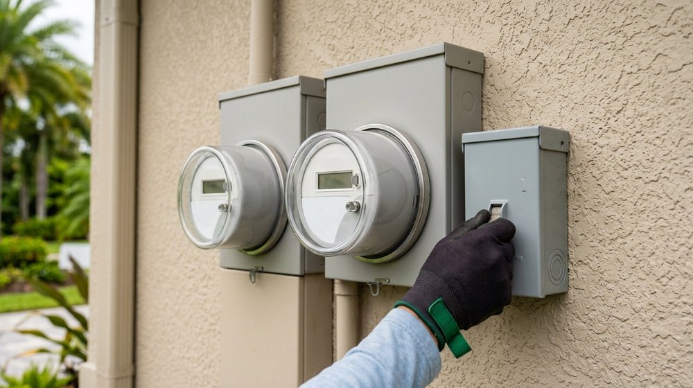 A technician's gloved hand on a disconnect switch beside two utility meters on a Florida home