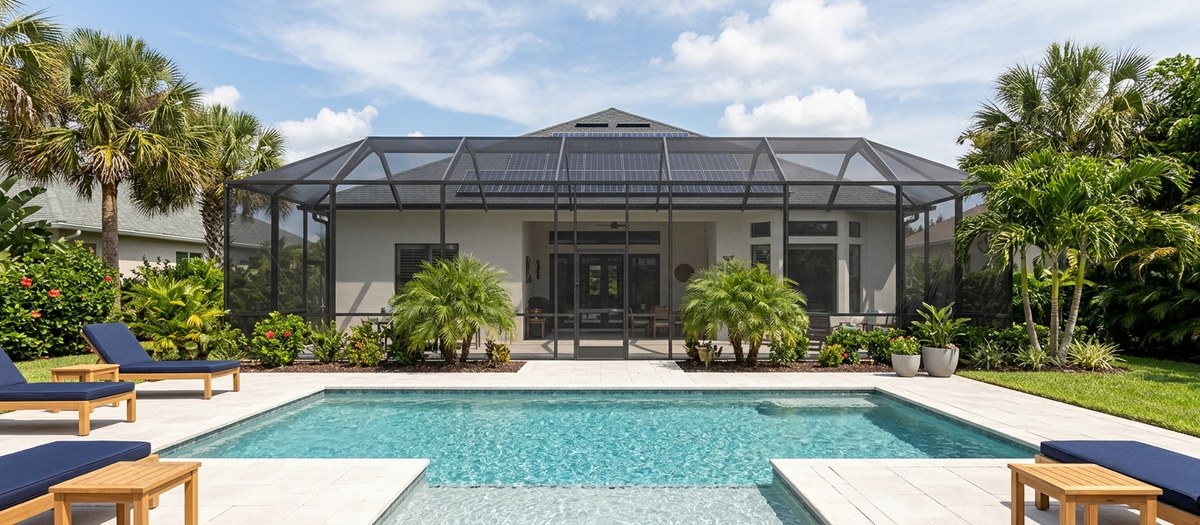 Florida backyard pool with solar pool heating panels visible on the roof behind it