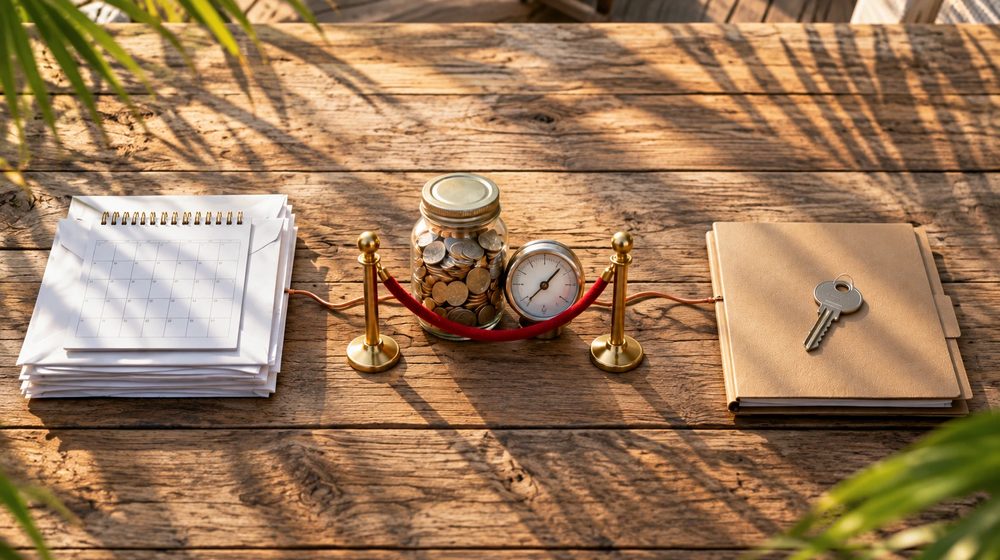 Flat-lay on a wooden table: a stack of envelopes with a calendar, a jar of coins and a meter dial roped off between small brass posts, and a house key resting on a folder