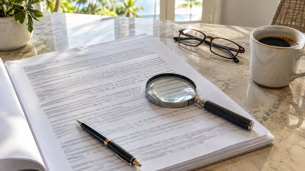 Solar contract on a kitchen table with a magnifying glass, pen and reading glasses