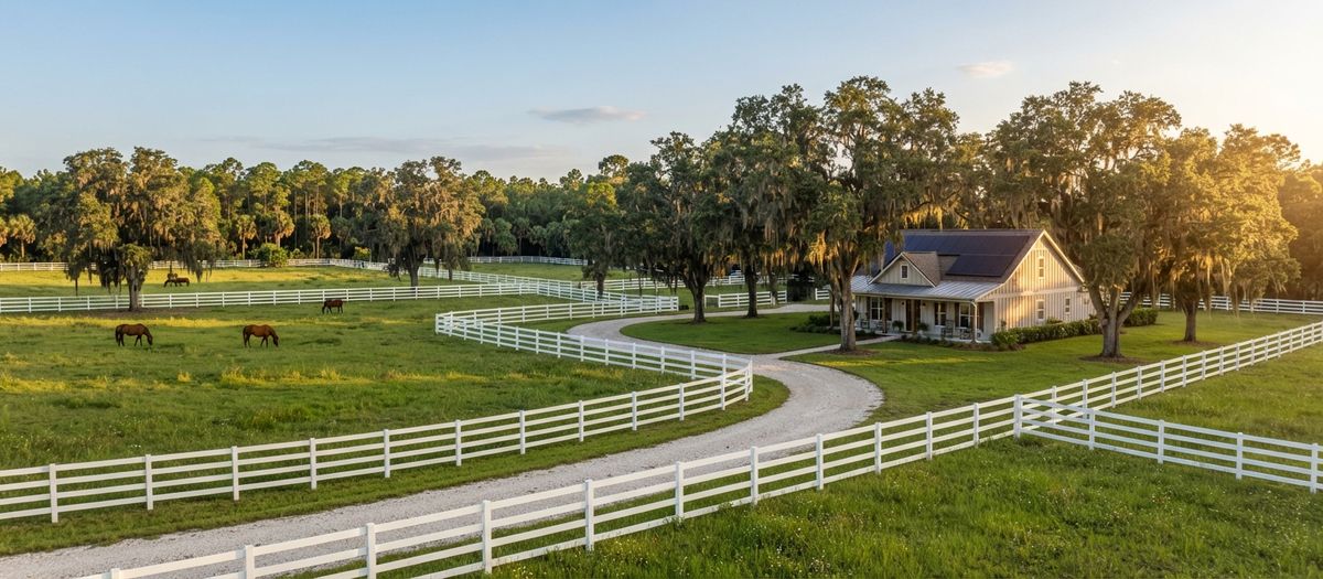 Central Florida horse farm with white fences and oaks, and a farmhouse-style home with rooftop solar panels