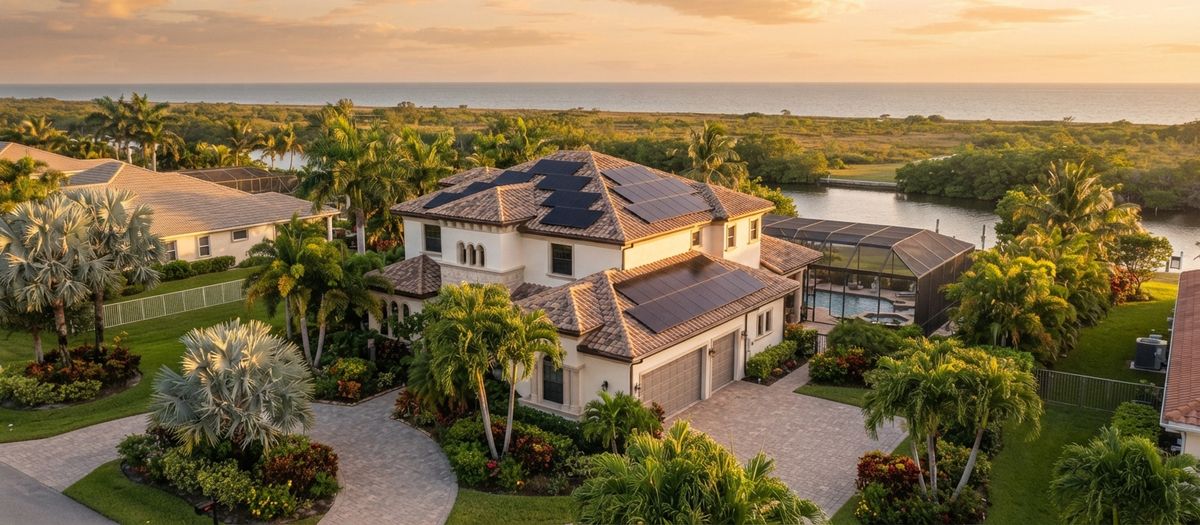 South Florida waterfront home at sunset with rooftop solar panels and the ocean visible in the distance