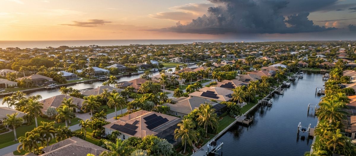 Aerial view of a canal-lined Southwest Florida neighborhood at sunset with solar panels on several roofs