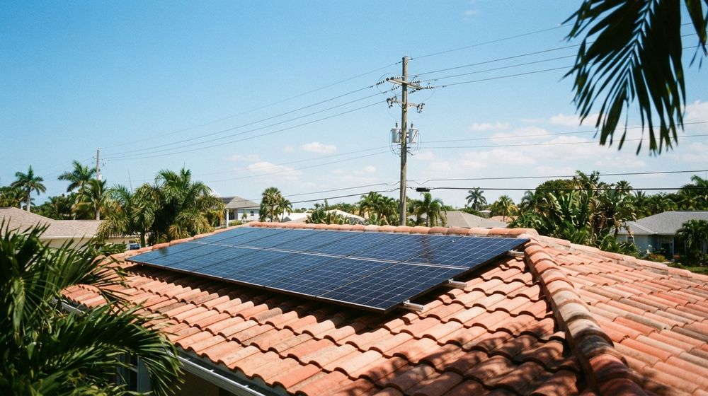Solar panels on a tile roof with a utility pole and power lines behind them