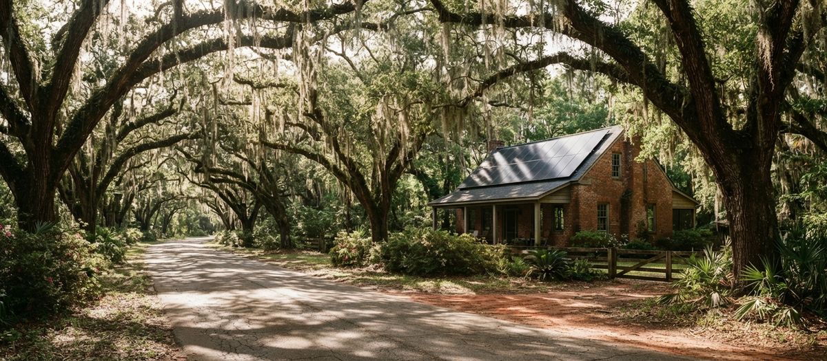 Brick home with rooftop solar panels on a canopy road under live oaks draped in Spanish moss
