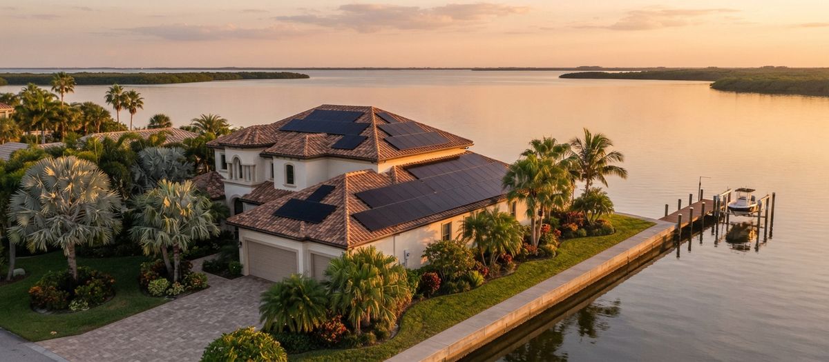 Coastal Tampa Bay home at sunset near the water with rooftop solar panels and a private dock