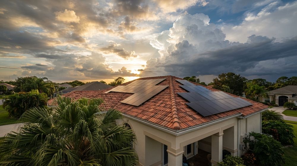 Solar panels on a Florida tile roof under a dramatic summer storm sky