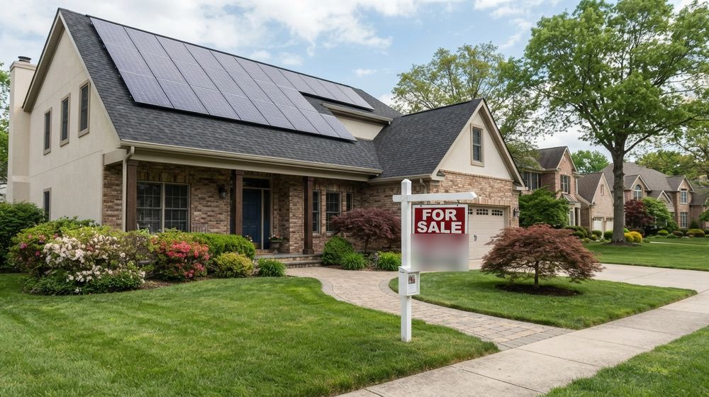 Suburban home with rooftop solar panels and a for sale sign in the front yard